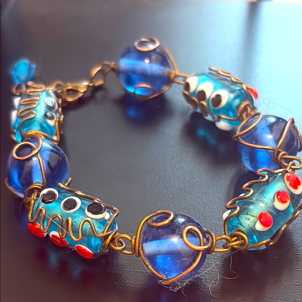 Artisan, handmade art, glass and glass bracelet, copper tone